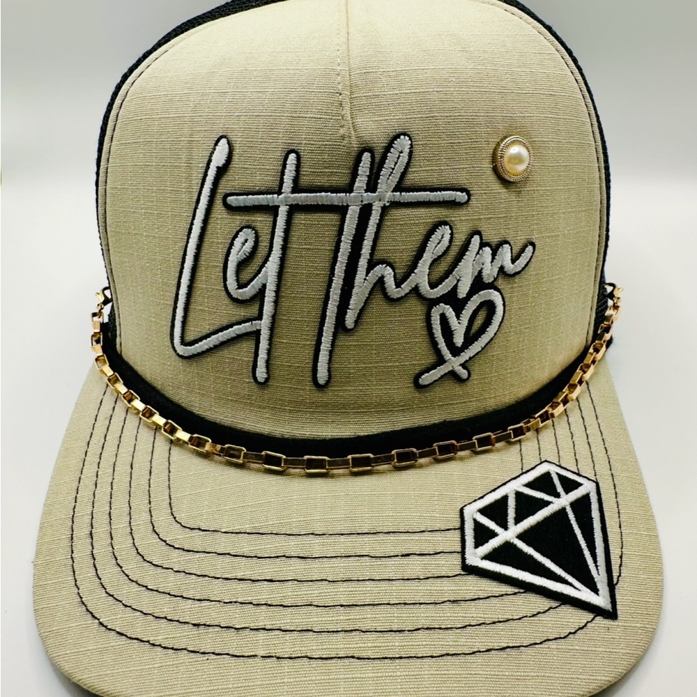 Tan and Black Embroidered Cap with Chain Detail